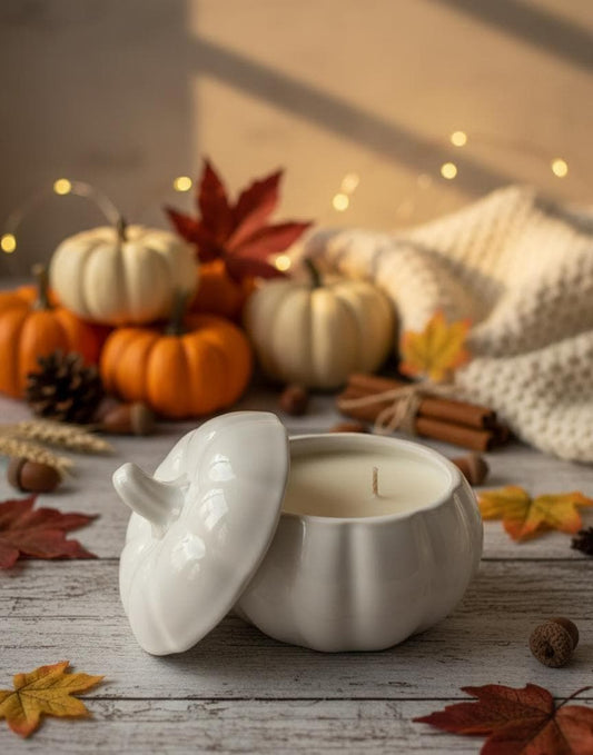Velvet Pumpkin Candle:Pumpkin, Vanilla, Marshmallow Scented Soy, Ceramic Jar